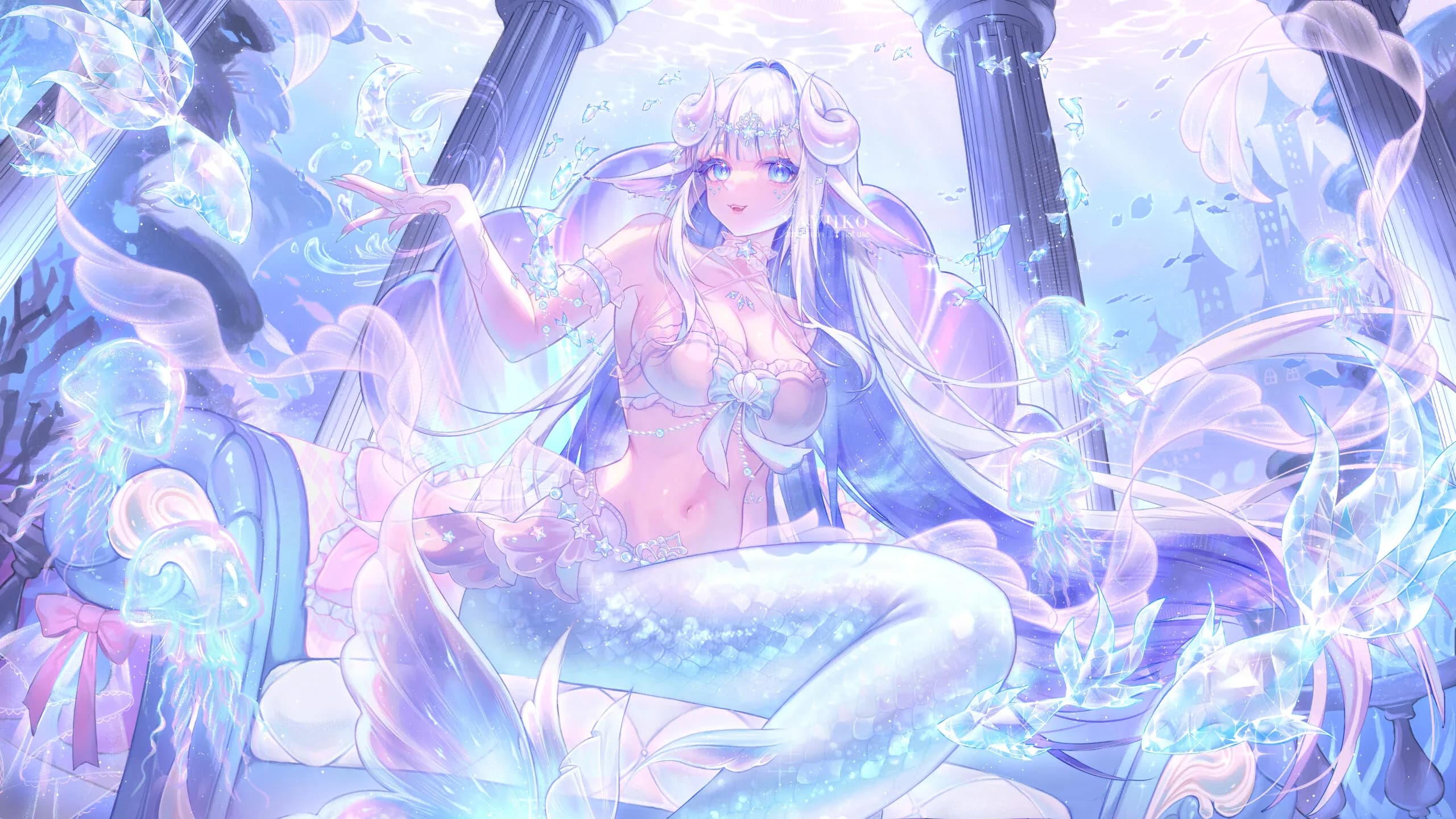 Blue-haired character seated in a luminous crystalline throne