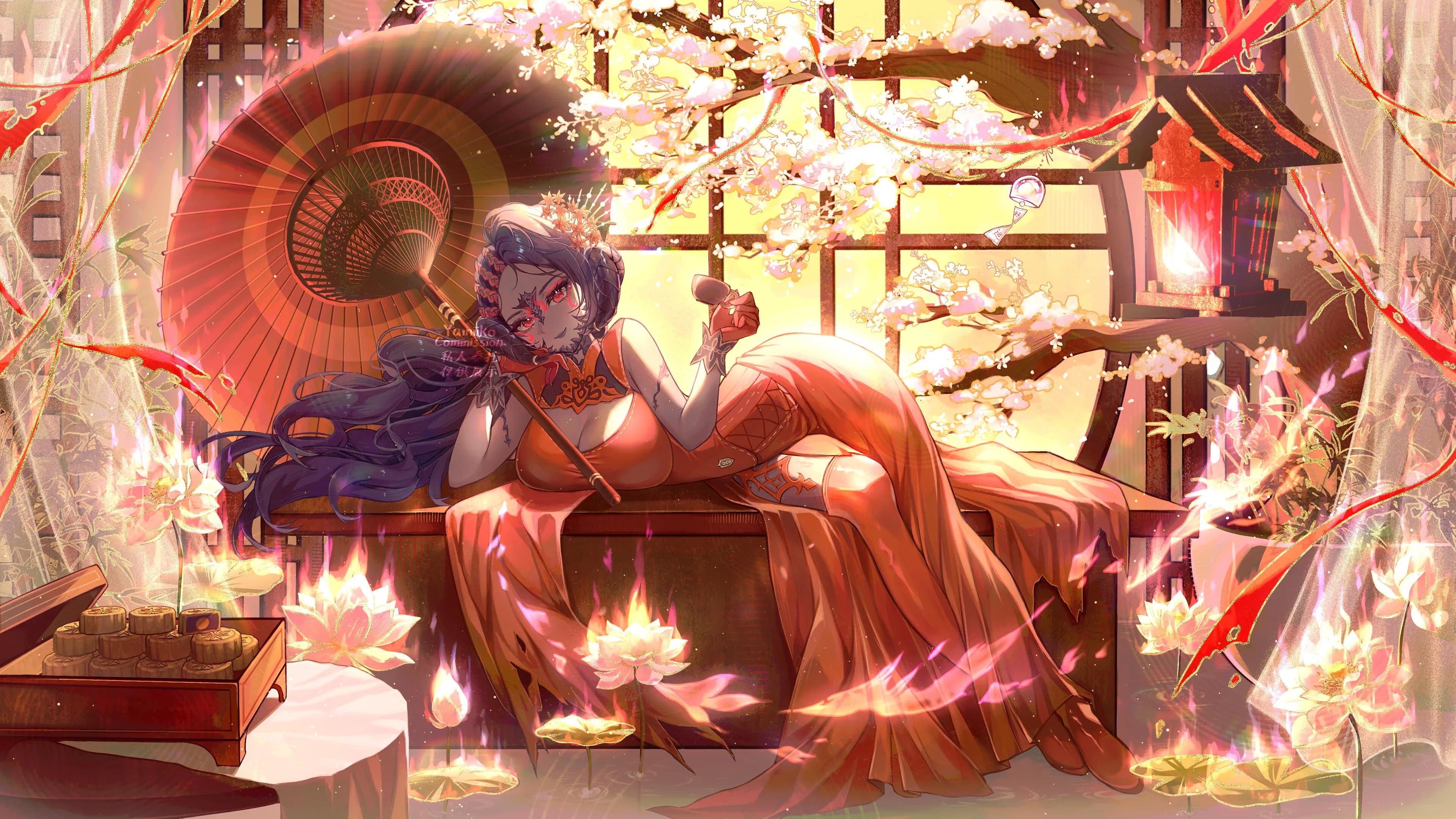 Character reclining in a richly lit red room filled with flowers