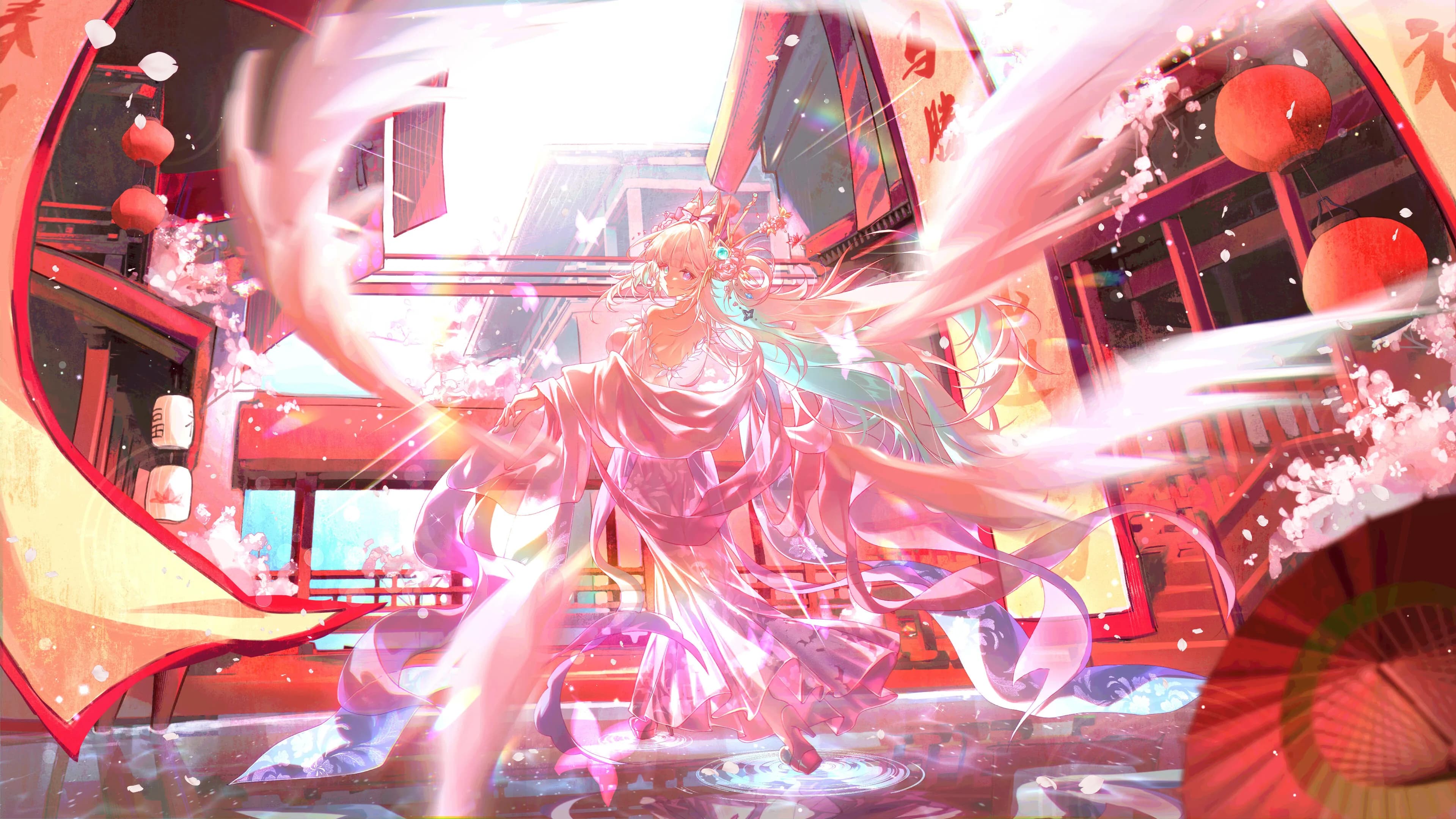 Pink-haired character glowing in a vivid red futuristic city